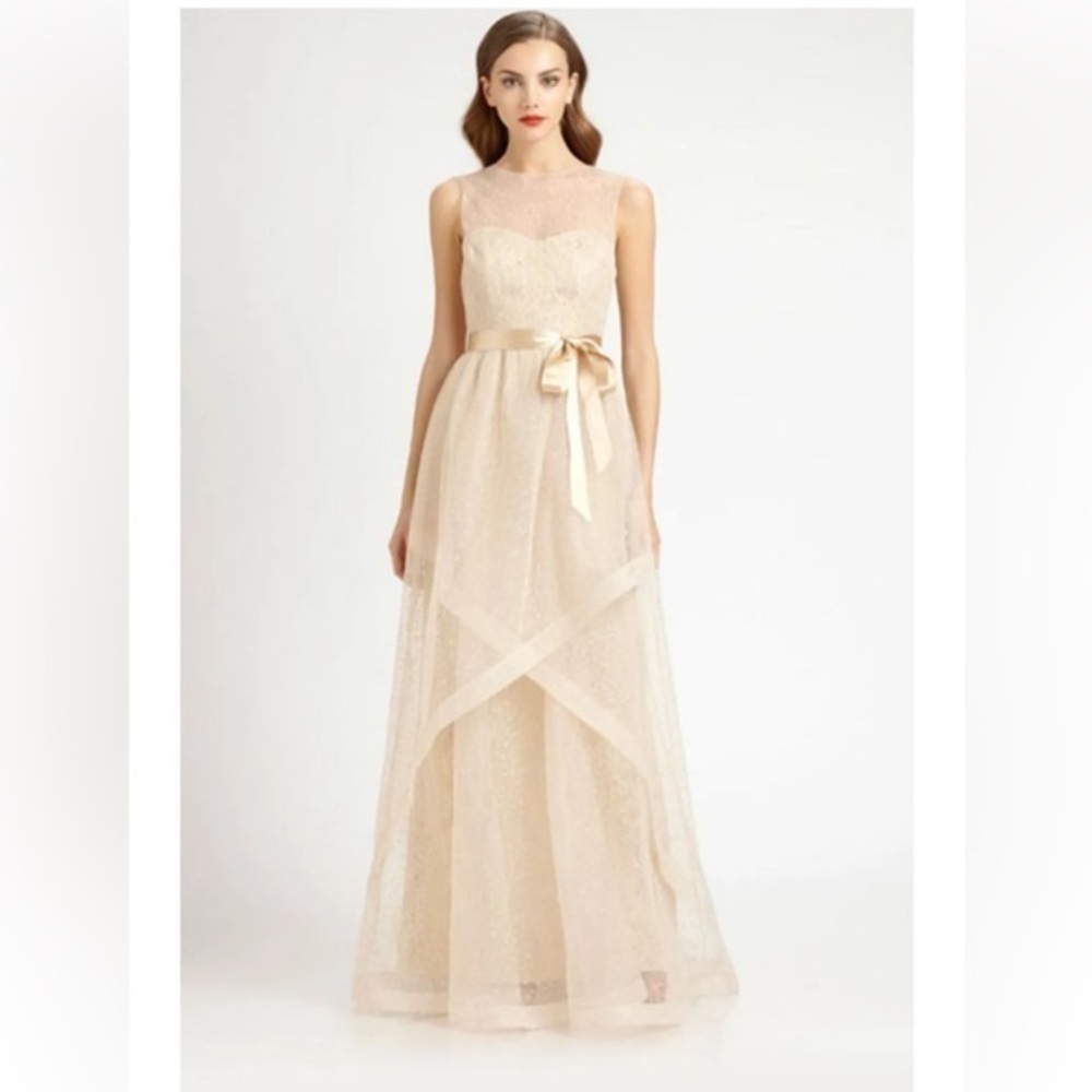 Rickie Freeman For Teri John Swiss Dot Gold Sheer Tulle and Lace Gown 16
